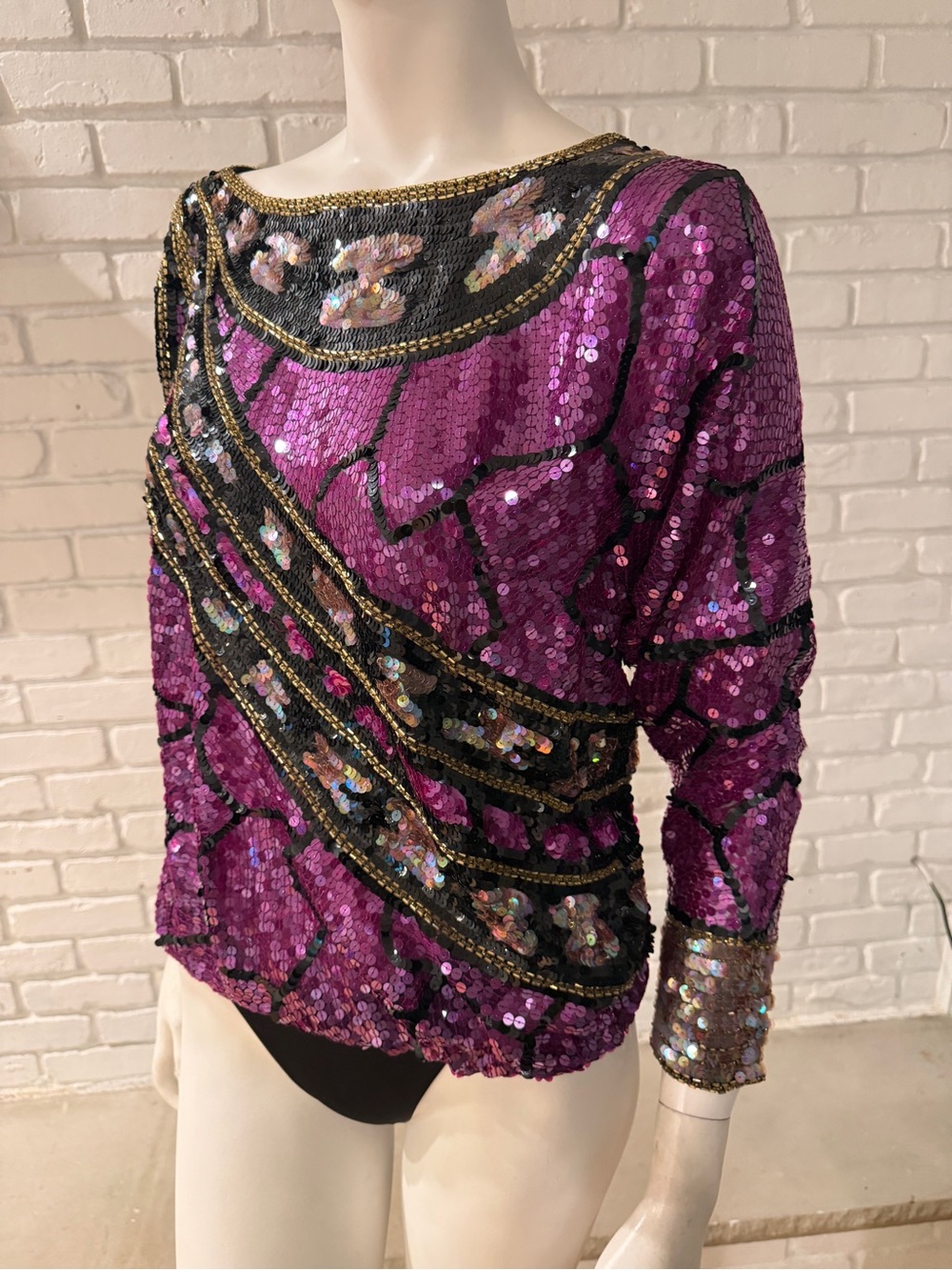 Jack Bryan Vintage Hand-Beaded Sequin Art Deco Top Purple Black Gold Size 6 - Picture 5 of 16
